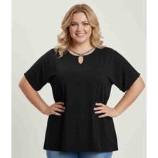 Barato Büyük Beden Premium Pamuklu Inci Işlemeli Kısa Kollu Rahat Kesim V Yaka Bluz