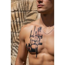 Dövme Kutusu Modern Geometrik Aslan ve Aile Silüeti Detaylı Sanatsal Tattoo - Yarı Kalıcı / 1 Ay Kalıcı