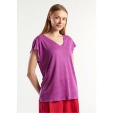 United Colors Of Benetton Mor Kadın / Kız BN_%100 Keten Rahat Kalıp Derin V Yaka Kolsuz T-Shirt Model Kodu: 3KGQD103MMOR