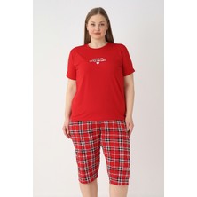 Remsa Büyük Beden Kadın Kısa Kol Kaprili Pijama Takımı 260845 Kırmızı