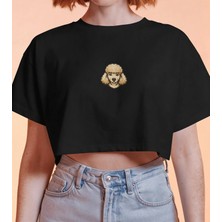 Muhtar Store Minimal Toy Poodle Baskılı Beyaz Crop Tişört Kadın Rahat Kalıp