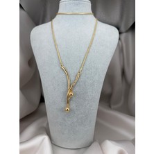 ZS Aksesuar Y Model Gold Çelik Ayarlanan Kolye – Sallantılı Top Detaylı Modern & Zarif Kadın Kolye