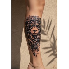 Dövme Kutusu Mistik Taçlı Aslan ve Lotus Çiçeği Detaylı Sanatsal Tattoo - Yarı Kalıcı / 1 Ay Kalıcı