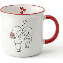 Fugo Concept Romantik Çift Tasarımlı 370 ml Porselen Kupa – Kırmızı Kulplu Sevimli Aşk Temalı Kahve Kupası