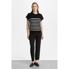 Mutlu Ertan Kadın Çizgili Düğmeli Triko Bluz Siyah-Ekru 20322