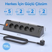 Smayling 5’li Köşe Priz 2 Usb-A 2 Usb-C Girişli 2 Metre Kablolu Gece Işıklı Akım Korumalı Masaüstü Çoklu Priz 3680W