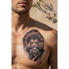 Dövme Kutusu Kızılderili Başlıklı Aslan ve Kurukafa Detaylı Sanatsal Tattoo - Yarı Kalıcı / 1 Ay Kalıcı
