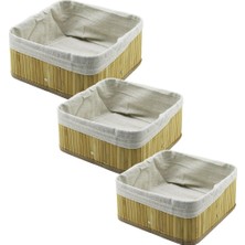 Krm 3 Boy Kare Bambu Kenar Organizer Sepet Ahşap Altlık - Bezli 17X17-21X21-26X26CM (5047) Krm