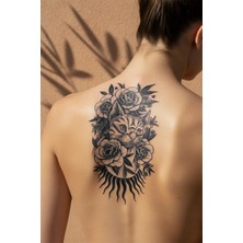 Dövme Kutusu Çiçek Buketi ve Yıldız Detaylı Mistik Kedi Tattoo - Yarı Kalıcı / 1 Ay Kalıcı