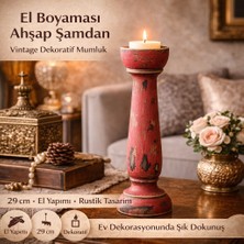 El Boyaması Vintage Ahşap Şamdan Mumluk 29 cm – Rustik Dekoratif Mumluk, Salon & Masa Üstü Dekor