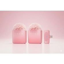 Zilvana Puffmic Pembe Tüylü Kablosuz 2'li Yaka Mikrofonu Type-C Lighting Uyumlu Canlı Yayın Mikrofonu