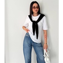 Noa Noa Kadın %100 Pamuk Oversize Basic Tişört Aksesuar Fular Detaylı