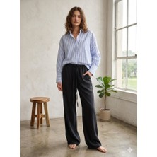 CGA Kadın Tensel Pantolon Siyah Tensel Pantolon Beli Bağlamalı Bol Kesim Tencel Pantolon