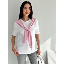 Noa Noa Kadın %100 Pamuk Oversize Basic Tişört Aksesuar Fular Detaylı