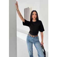Noa Noa Kadın Oversize Yan Büzgü Crop Tişört Yarım Kol Basic
