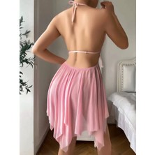 Liyuza Kadın Pembe Kelebek Detaylı Tül Şık Tasarım Gecelik