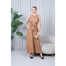 Navy Keten Kuşaklı Tulum