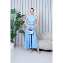 Navy Keten Kuşaklı Tulum