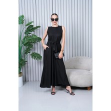 Navy Keten Kuşaklı Tulum