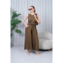 Navy Keten Kuşaklı Tulum