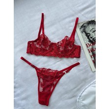 Ecs Butik Çiçekli Dantelli Transparan Kapsız Tül Sütyen Takımı (Sütyen Tanga)