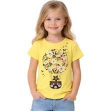 Pıtırcık Kız Çocuk Çiçek Desenli Sarı Renk Kısa Kol Tişört