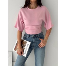 Noa Noa Kadın Oversize Yan Büzgü Crop Tişört Yarım Kol Basic