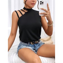 Stelol Kadın Omuzdan Şerit Detaylı Yarı Balıkçı Yaka Viskon Bluz