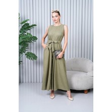 Navy Keten Kuşaklı Tulum