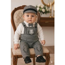 Vavbaby Erkek Bebek Ayıcıklı Salopet Takım - Kasketli, Papyonlu 3’lü Set Gri