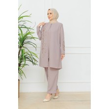 KMK Kombin Kadın Çiçek Işlemeli Şık Pantolonlu Tesettür Takım