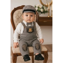 Vavbaby Erkek Bebek Ayıcıklı Salopet Takım - Kasketli, Papyonlu 3’lü Set Kahverengi