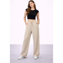 İdol Kadın Tensel Kumaş Rahat Kesim Geniş Paça Pantolon Lastikli Bel Günlük Şık Model