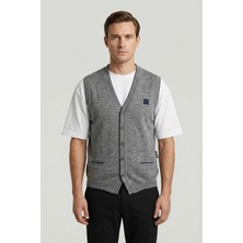 Sabri Özel Giotelli Erkek Gri-Lacivert Standart Fit Yün Karışımlı Düğmeli Triko Süveter