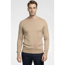 Sabri Özel Bej Regular Fit Pamuklu Bisiklet Yaka Erkek Triko Kazak