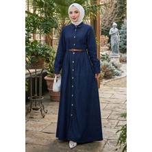 Hafsa Mina Boydan Düğmeli Kemerli Kot Elbise Koyu Mavi HM2899