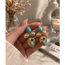 Bymiel Vintage Turkuaz Taş Detaylı Inci Aksesuarlı Gold Küpe (Kararmaz Alerji Yapmaz 316 Çelik)