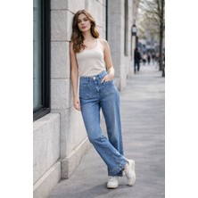 Rich Star Kadın Yüksek Bel Wide Leg Patch Cepli Bol Paça Jean Pantolon