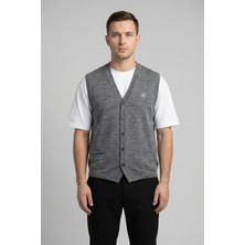 Sabri Özel Giotelli Erkek Gri Melanj Standart Fit Yün Karışımlı V Yaka Düğmeli Triko Yelek