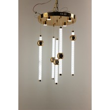 GN Gen Aydınlatma Lüks Gold Çemberli Seri 5li Çizgili Cam Silindir Modern Küre Detaylı Avize