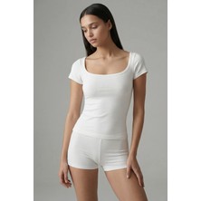 Feu De Elu Cotvie Ekru Pamuklu Kare Yaka T-Shirt