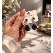 Bymiel Lacivert Damla Taşlı Zirkon Detaylı Sallantılı Küpe (Kararmaz Alerji Yapmaz 316 Çelik)