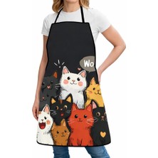 Valkyrie Kedi Desenli Mutfak Önlüğü Cepli Ayarlanabilir Askılı Unisex Mutfak Temizlik Önlüğü Siyah