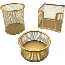  mas masa seti ataşlık-kağıtlık-kalemlik 3 lü metal perforeli gold 505