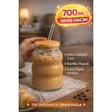 Open Home Concept 1 Adet Bambu Kapaklı Cam Pipet Hediyeli Cam Bardak Smoothie Kahve Detoks Içecek Bardağı 700 ml