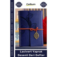 Carlburn Özel Üretim Vintage Eskitme Şık Günlük Hediye Ajanda Hatıra Lacivert Yaprak Desenli Deri Defter