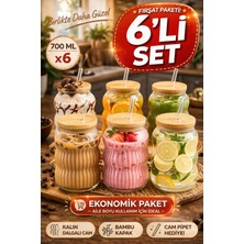 Open Home Concept 6 Adet Bambu Kapaklı Cam Pipet Hediyeli Cam Bardak Smoothie Kahve Detoks Içecek Bardağı 700 ml
