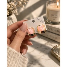 Bymiel Form Doğal Taş Görünümlü Gold Çerçeveli Şık Kadın Küpe (Kararmaz Alerji Yapmaz 316 Çelik)