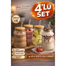 Open Home Concept 4 Adet Bambu Kapaklı Cam Pipet Hediyeli Cam Bardak Smoothie Kahve Detoks Içecek Bardağı 700 ml