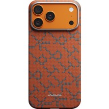 iPhone 17 Pro Kılıf M-Safe Uyumlu Aramid Fiber Pitaka Tactile Woven Monogram Seri Kapak Mavi-Turuncu